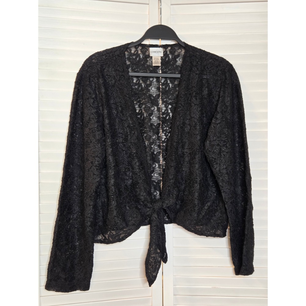 Chico's Floral Lace Tie Front Shrug Size 2 Large Black Nylon Blend Bolero Wrap